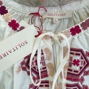 Anthropology Solitaire White Embroidered Tie-Neck Top with Pink & Beige Accents
